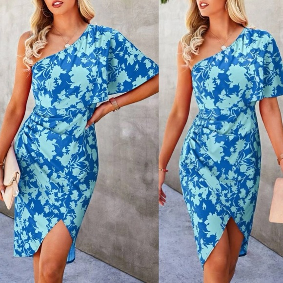 Boho pink floral print one shoulder asymmetrical hem dress - Picture 3 of 6